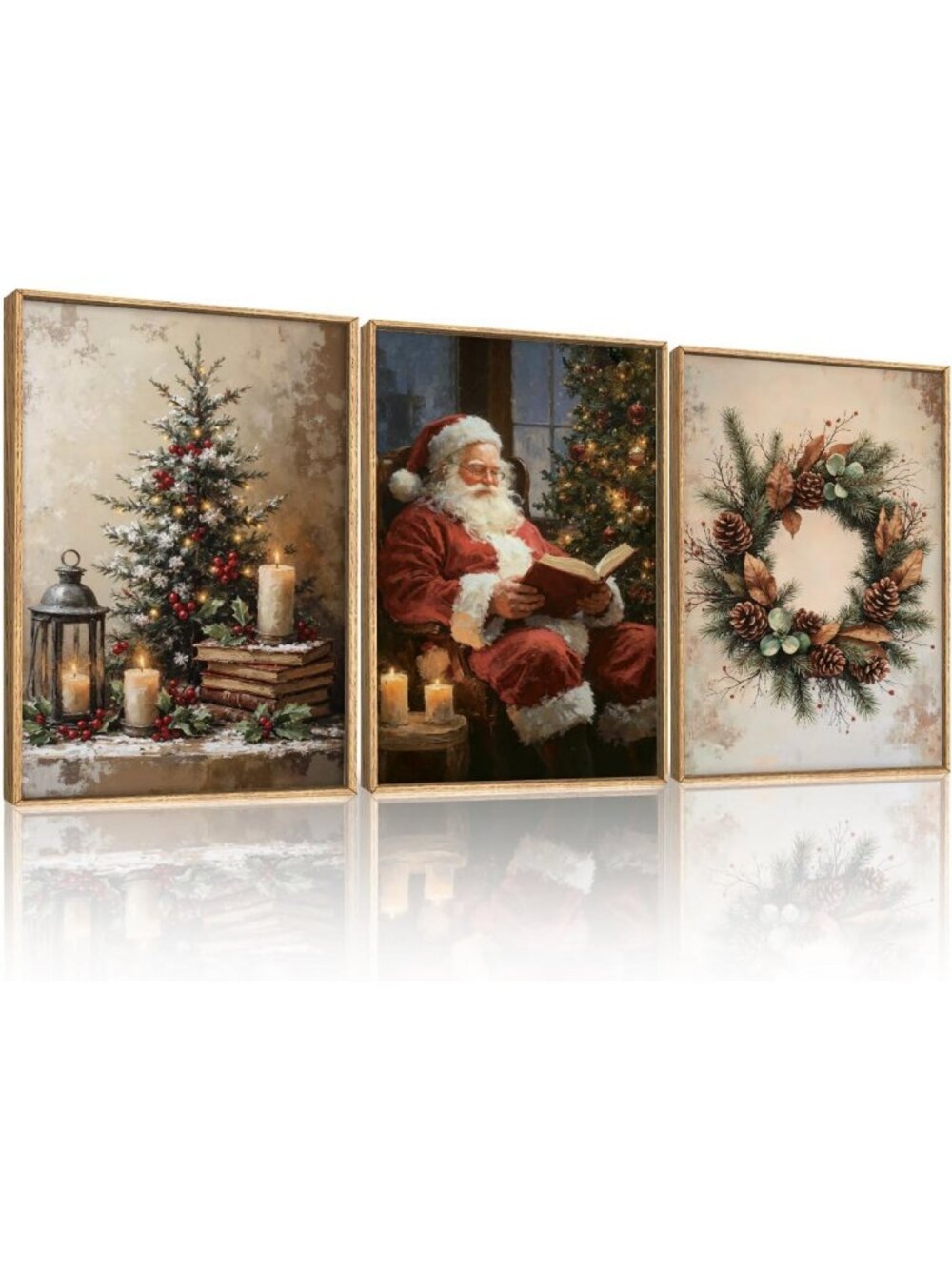 Vintage Christmas Tree & Santa Wall Art Set, Rustic Pinecone Wreath Decor, Cozy